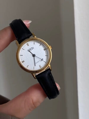 Classic Style Round Face Black/Brown Genuine Leather Watch