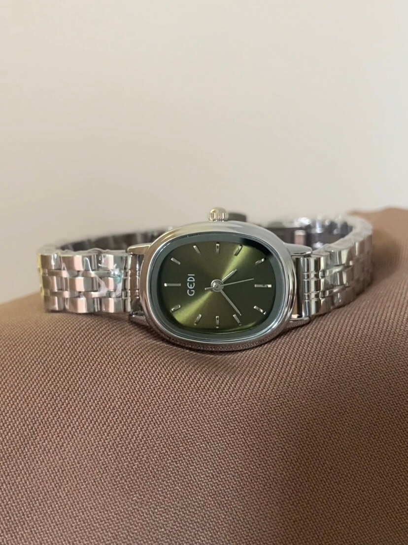 Minimalist Emerald Green Oval Face Silver Bracelet Watch