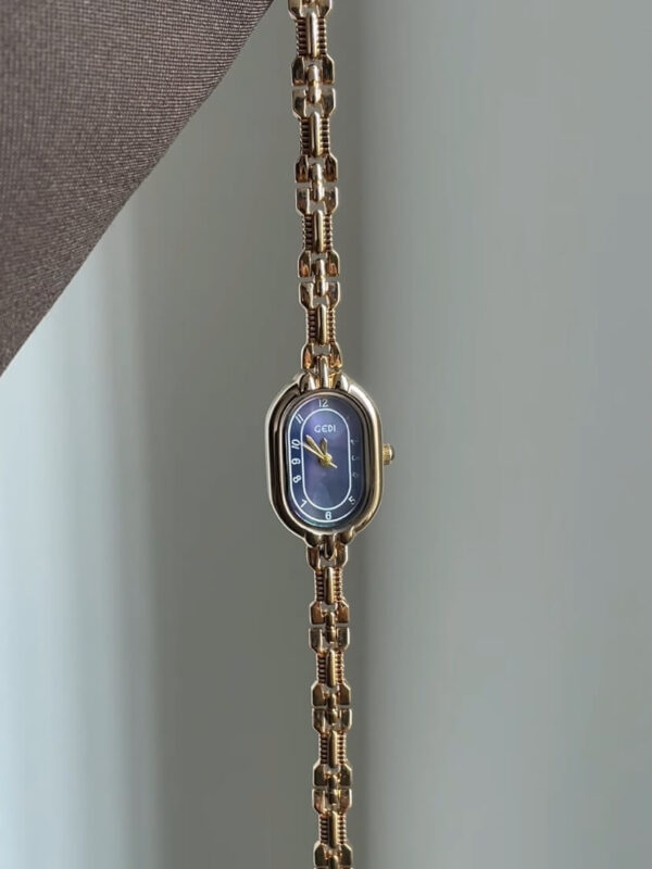 Minimalist Beige/Blue Oval Face Gold Bracelet Watch