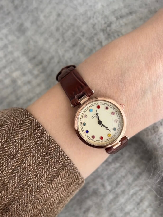 Colorful Round Face Brown Leather Watch for Ladies
