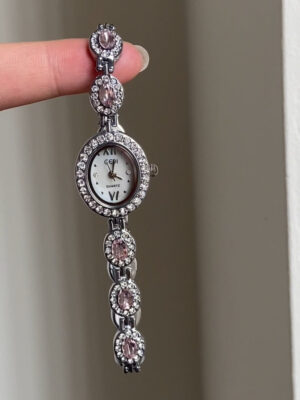 Vintage Zircon Small Oval Face Silver Bracelet Watch