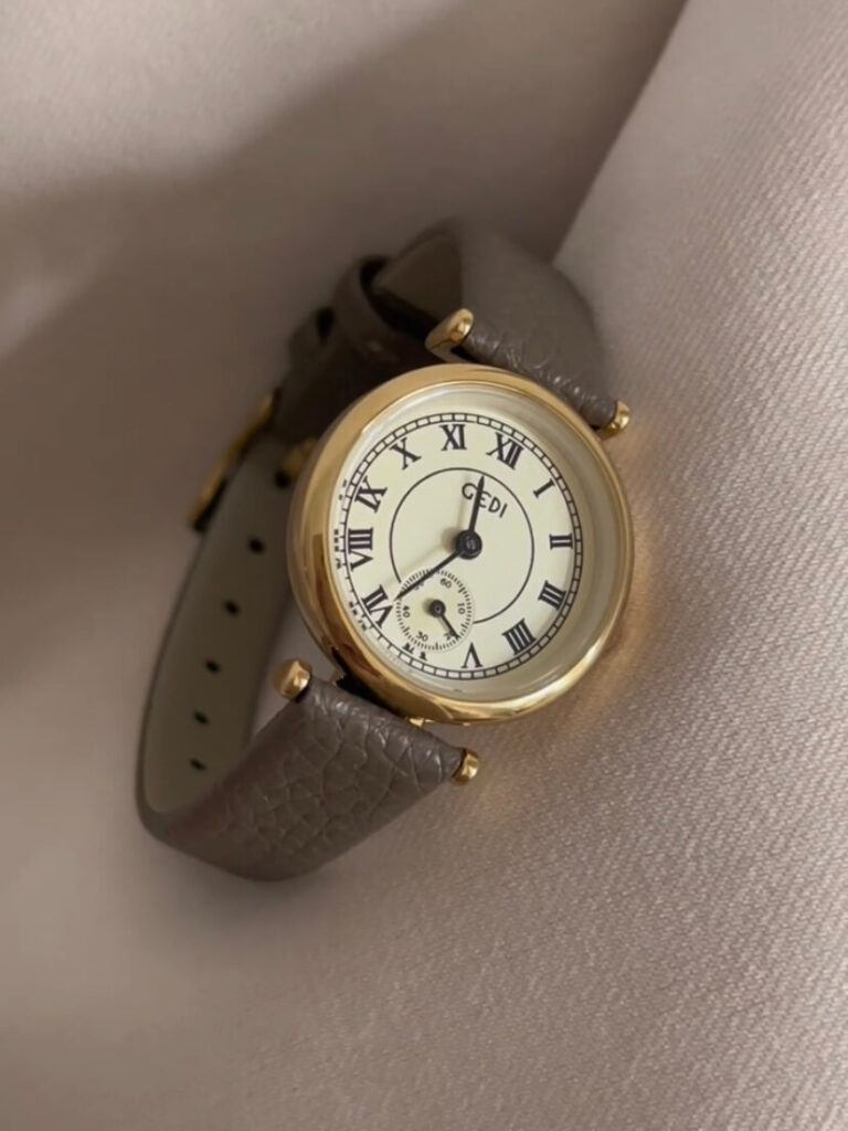 Gold Round Face Black/Grey/Orange Leather Watch