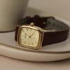 Vintage Style Gold Square Face Black/Brown Leather Watch