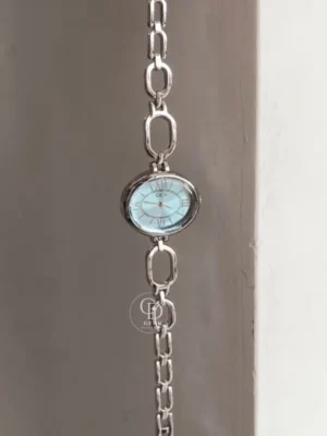 Minimalist Blue Roman Numeral Dial Watch for Women Oval Face Silver Bracelet Ladies Watch