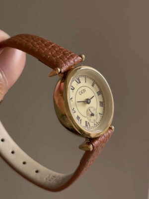Gold Round Face Black/Grey/Orange Leather Watch