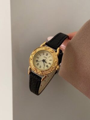 Vintage Style Gold Round Face Black Leather Watch