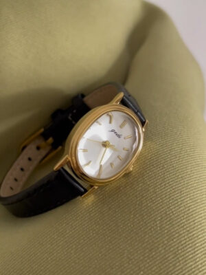Vintage Oval Gold/Silver Face Black/Brown Leather Watch