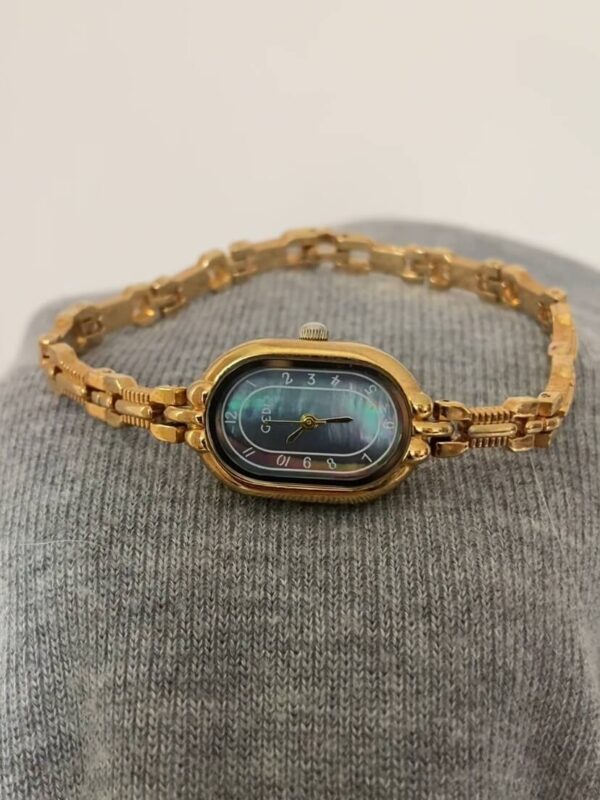 Minimalist Beige/Blue Oval Face Gold Bracelet Watch