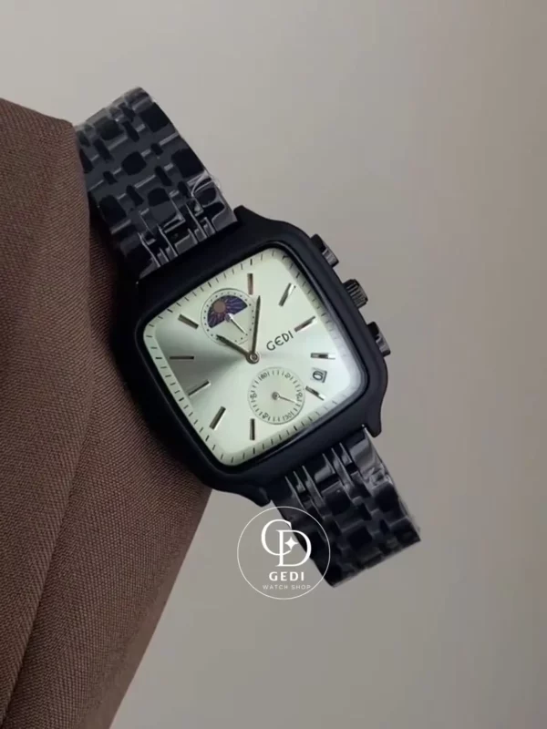 Modern Square Black Watch with Green/Pink Dial