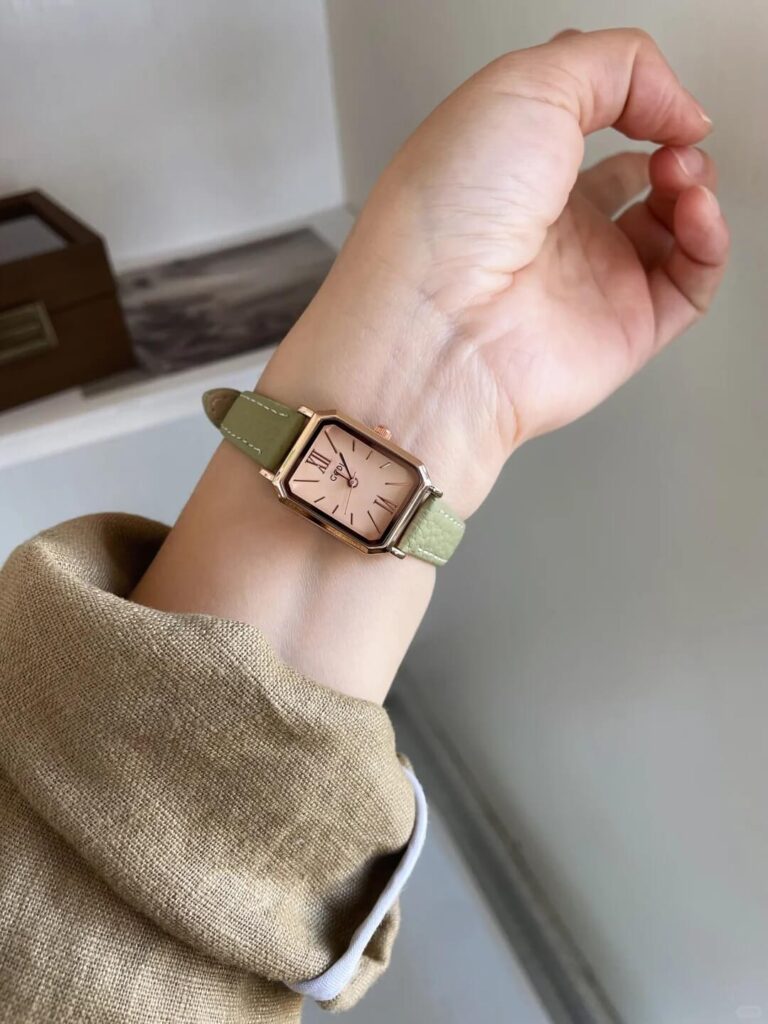 Classic Rectangle Face Brown/Green/Orange Leather Watch