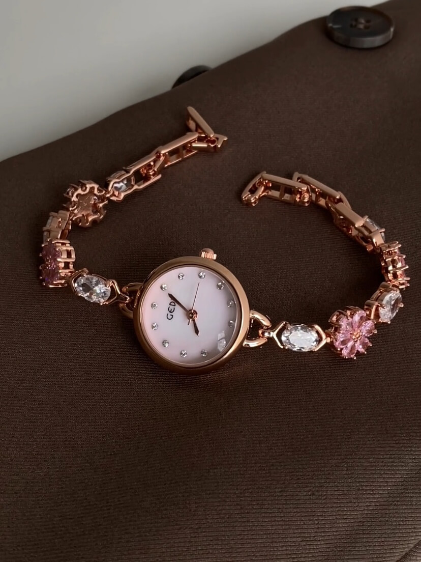 Dainty Pink Zircon Cherry Blossom Gold Round Face Watch