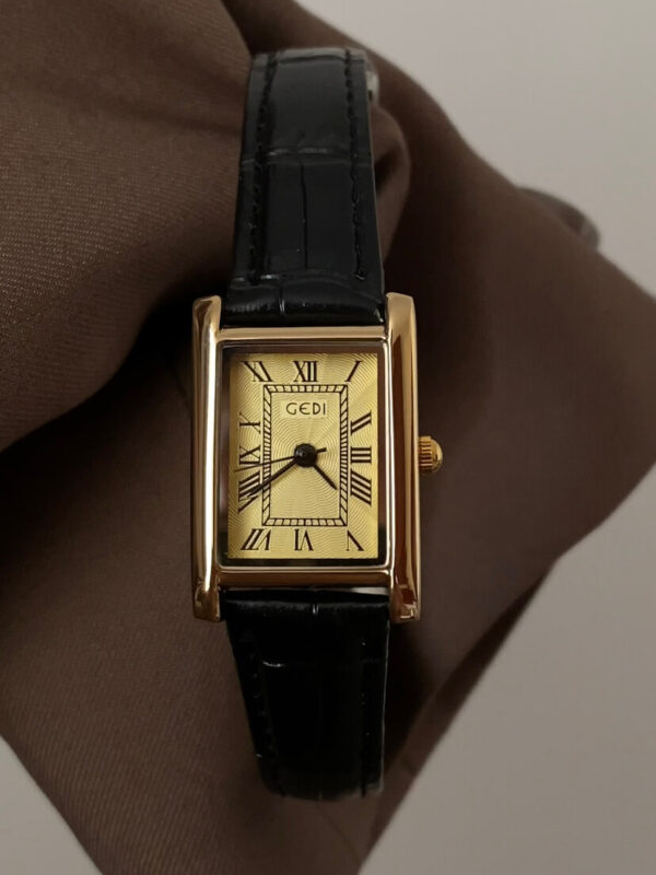 Vintage Rectangle Beige Face Brown/Black Leather Watch