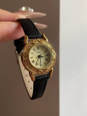 Vintage Style Gold Round Face Black Leather Watch