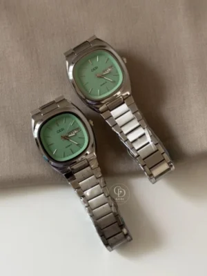 Minimalist Sage Green Dial Watch for Women Square Face Silver Bracelet Watch