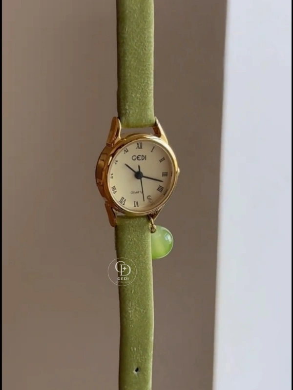 Dainty Green Leather Strap Ladies Watch Round Face Roman Numeral Watch for Women