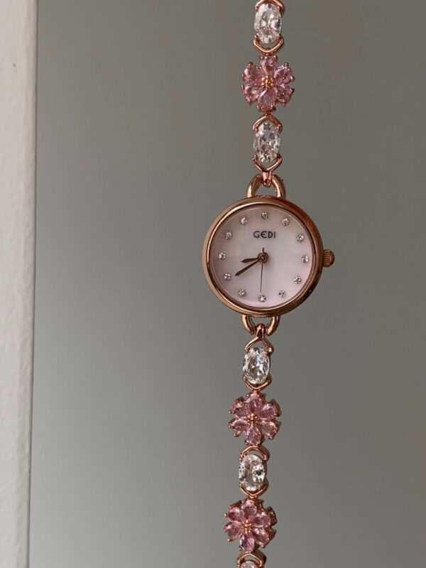 Dainty Pink Zircon Cherry Blossom Gold Round Face Watch