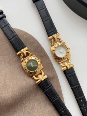 Vintage Green/White Square Face Brown/Black Leather Watch