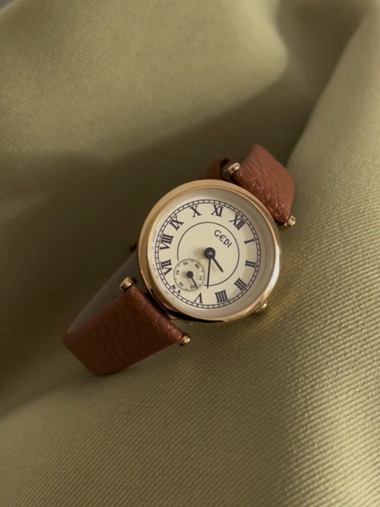 Gold Round Face Black/Grey/Orange Leather Watch