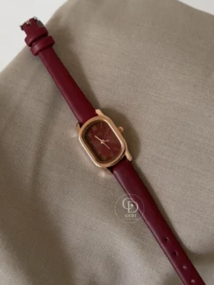 Retro Burgundy Red Watch for Women Oval Face Leather Band Watch