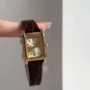 Classic Gold Dial Ladies Watch Rectangular Face Brown Leather Watch for Women