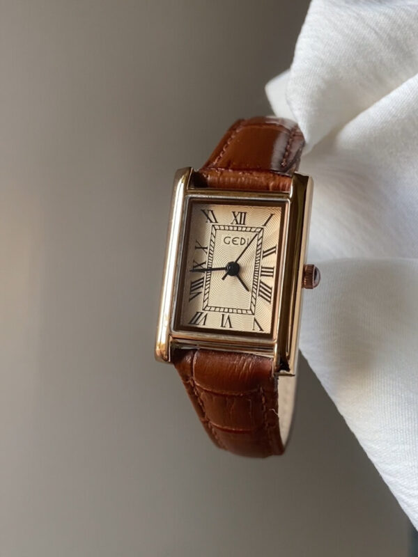 Vintage Rectangle Beige Face Brown/Black Leather Watch