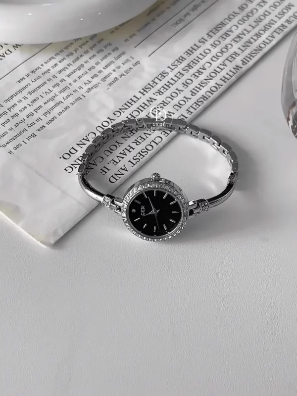 Minimalist Silver Watch with Black Dial and Slim Band