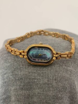 Minimalist Beige/Blue Oval Face Gold Bracelet Watch