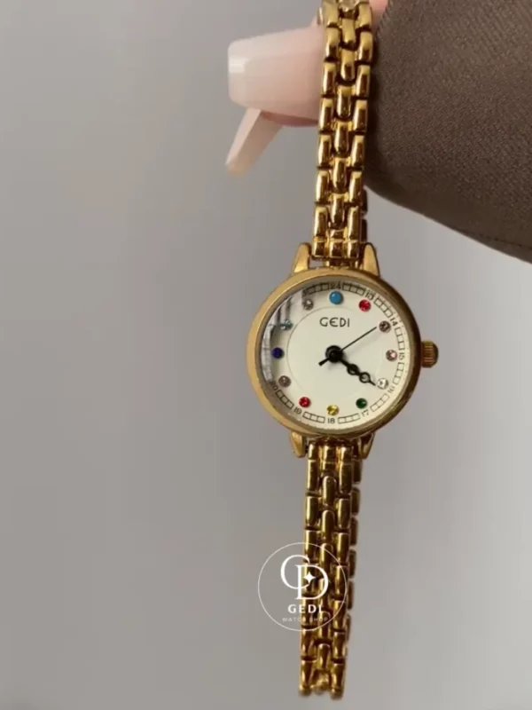 Women's Vintage Gold Watch Multi-Colored Zircon Markers Watch