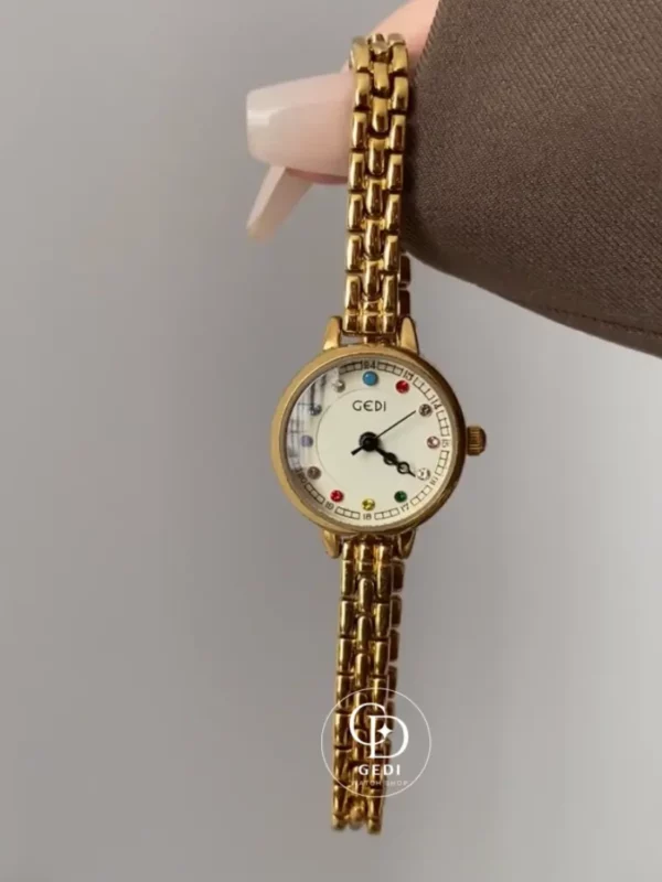 Women's Vintage Gold Watch Multi-Colored Zircon Markers Watch