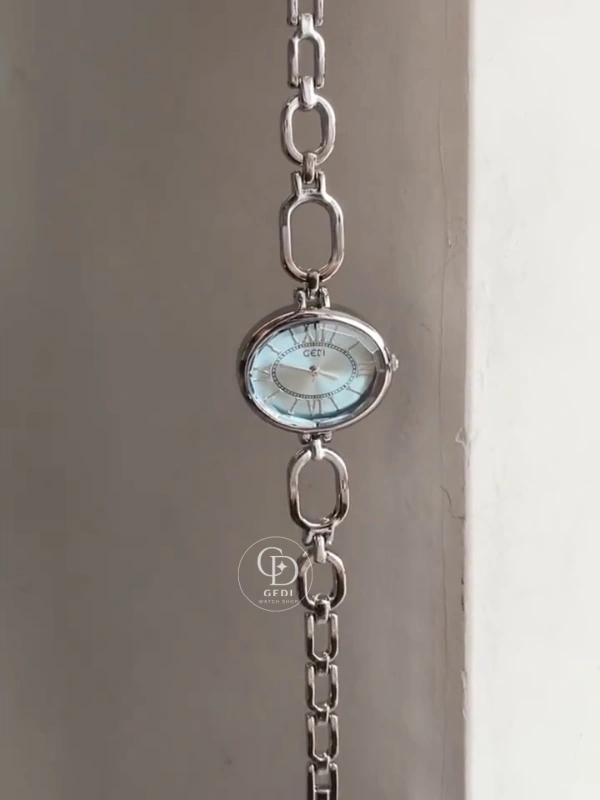 Minimalist Blue Roman Numeral Dial Watch for Women Oval Face Silver Bracelet Ladies Watch