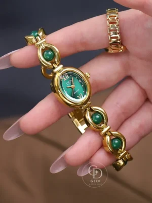 gediwatch381-3 GEDI Vintage Oval Face Watch Gemstone Beads Bracelet Ladies Watch