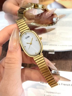 gediwatch383-4 GEDI Modern Oval Gold Watch for Women Mother of Pearl Dial Bracelet Watch