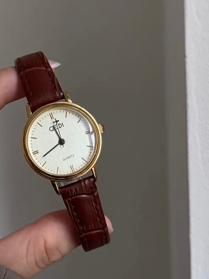 Classic Style Round Face Black/Brown Genuine Leather Watch