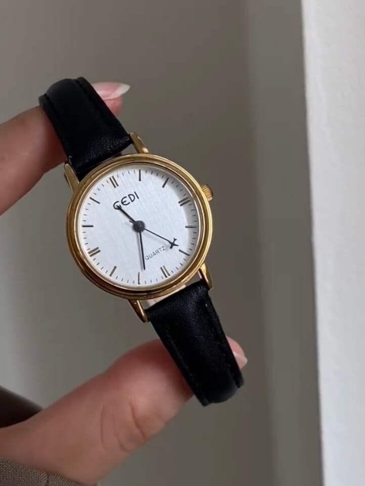 Classic Style Round Face Black/Brown Genuine Leather Watch