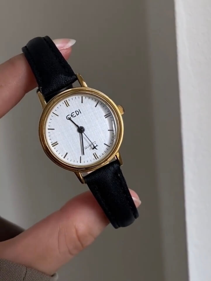 Classic Style Round Face Black/Brown Genuine Leather Watch