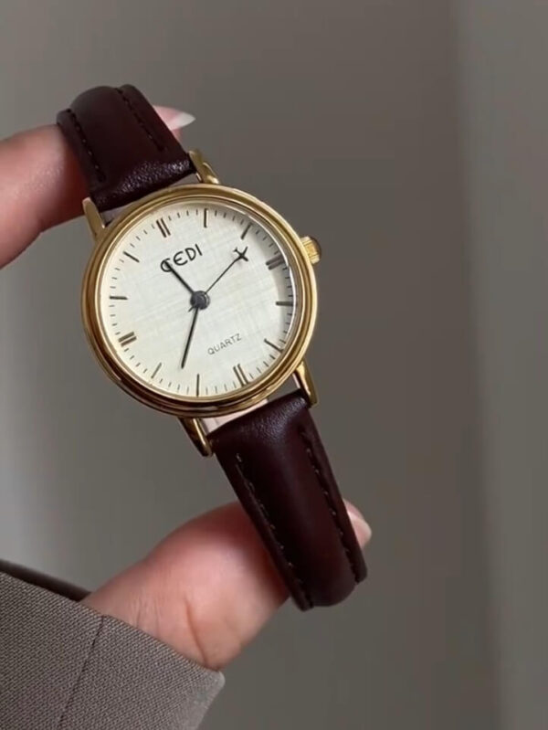 Classic Style Round Face Black/Brown Genuine Leather Watch