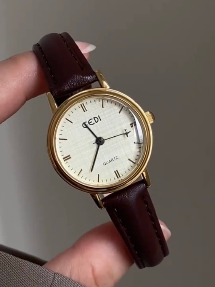 Classic Style Round Face Black/Brown Genuine Leather Watch