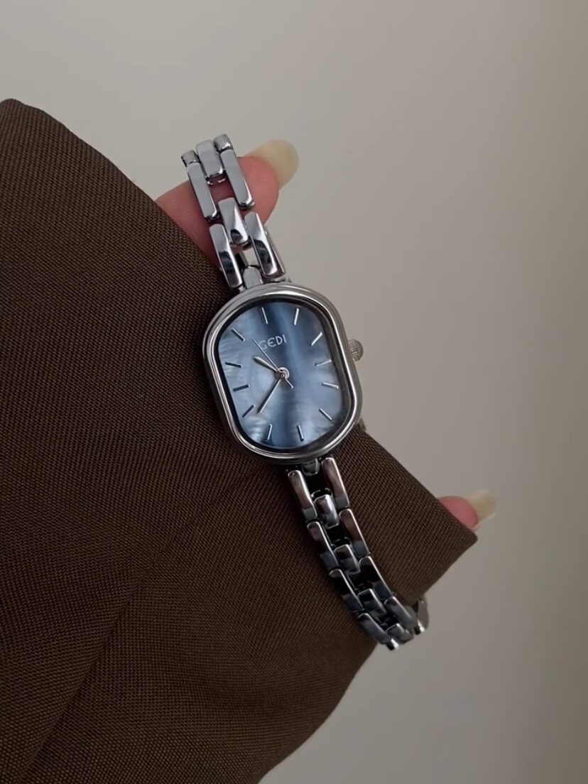 Dainty Blue Mother of Pearl Face Silver Bracelet Watch