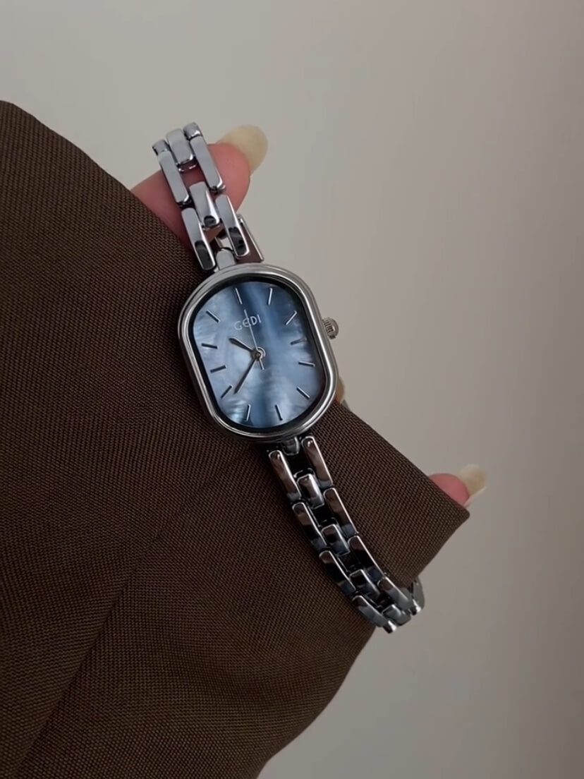 Dainty Blue Mother of Pearl Face Silver Bracelet Watch