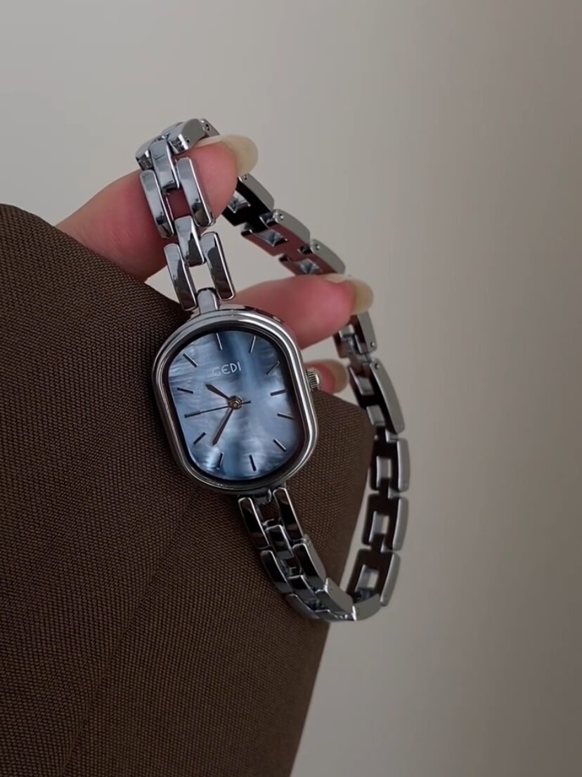 Dainty Blue Mother of Pearl Face Silver Bracelet Watch