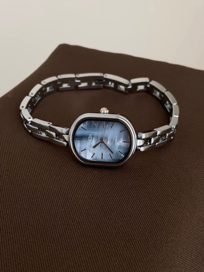 Dainty Blue Mother of Pearl Face Silver Bracelet Watch