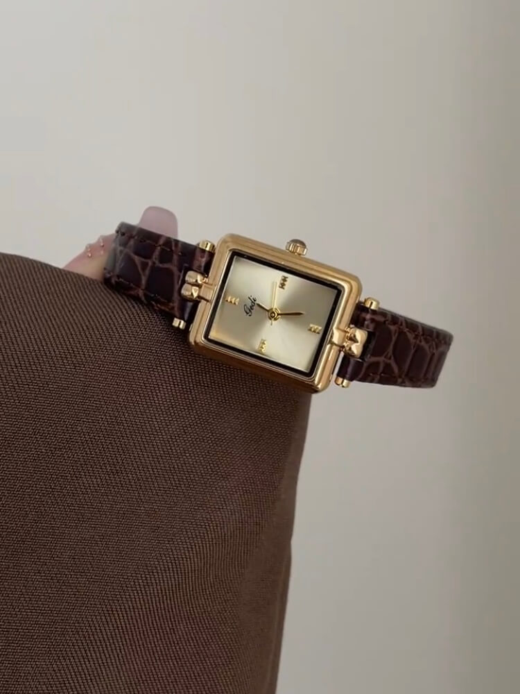 Vintage Style Gold Rectangle Face Black/Brown Leather Watch