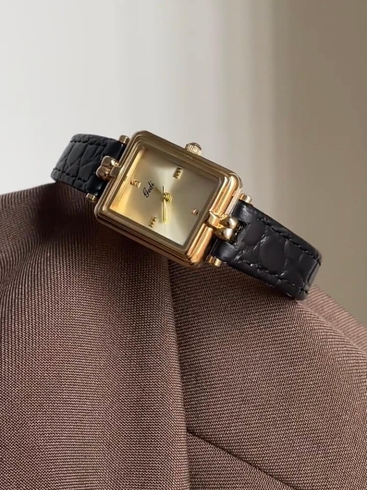 Vintage Style Gold Rectangle Face Black/Brown Leather Watch