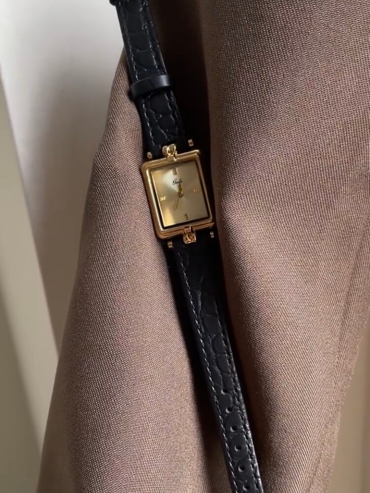 Vintage Style Gold Rectangle Face Black/Brown Leather Watch