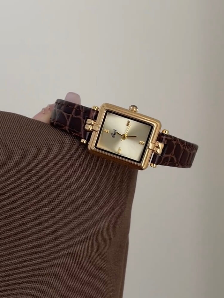 Vintage Style Gold Rectangle Face Black/Brown Leather Watch