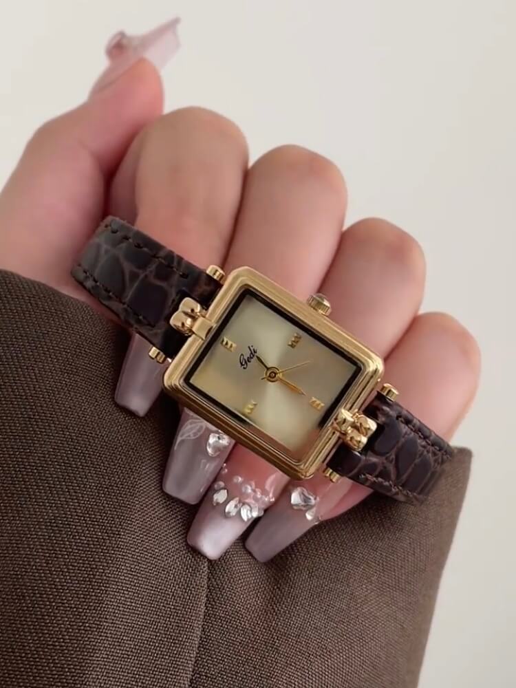Vintage Style Gold Rectangle Face Black/Brown Leather Watch