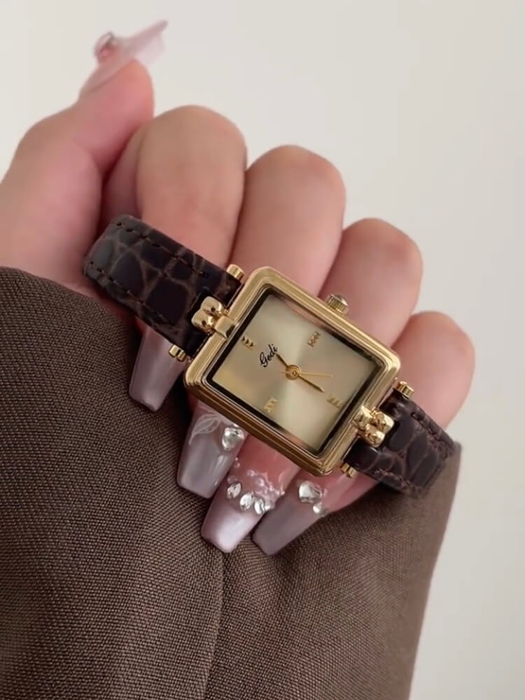 Vintage Style Gold Rectangle Face Black/Brown Leather Watch