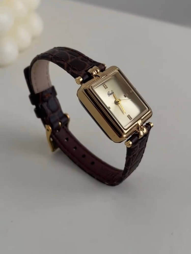 Vintage Style Gold Rectangle Face Black/Brown Leather Watch