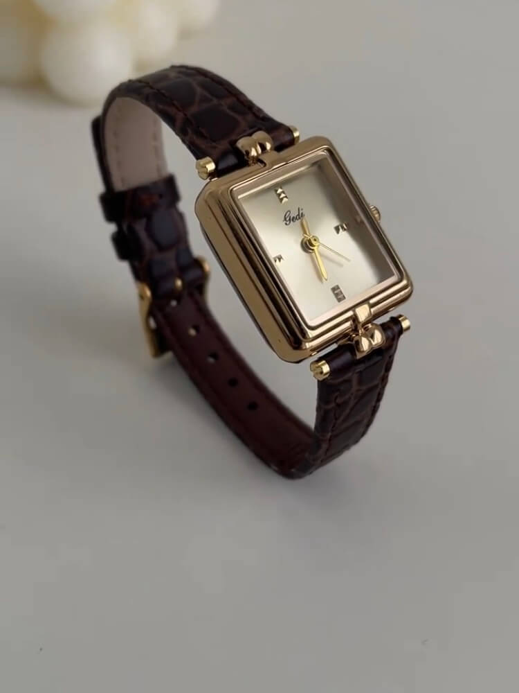 Vintage Style Gold Rectangle Face Black/Brown Leather Watch