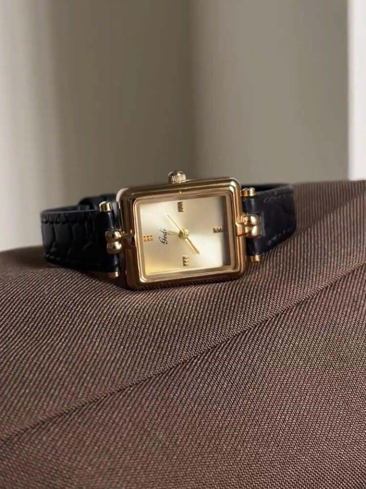 Vintage Style Gold Rectangle Face Black/Brown Leather Watch